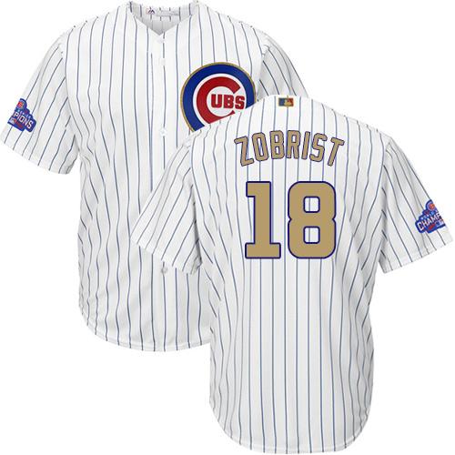 Cubs #18 Ben Zobrist White(Blue Strip) Gold Program Cool Base Stitched MLB Jersey - Click Image to Close